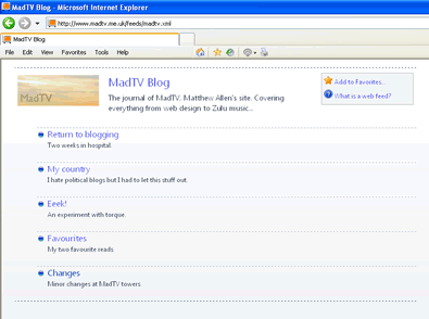 IE7 Screenshot showing the MADTV RSS feed